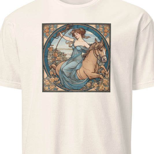 White t-shirt with a graphic of a woman riding a horse in a decorative frame 