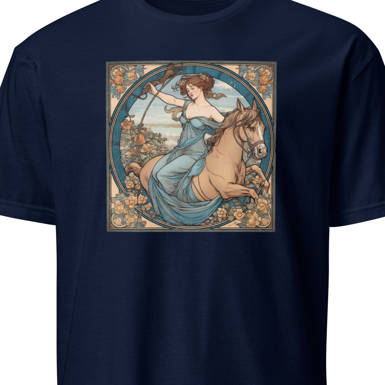Navy blue t-shirt with a graphic of a woman on a horse in an art nouveau style 