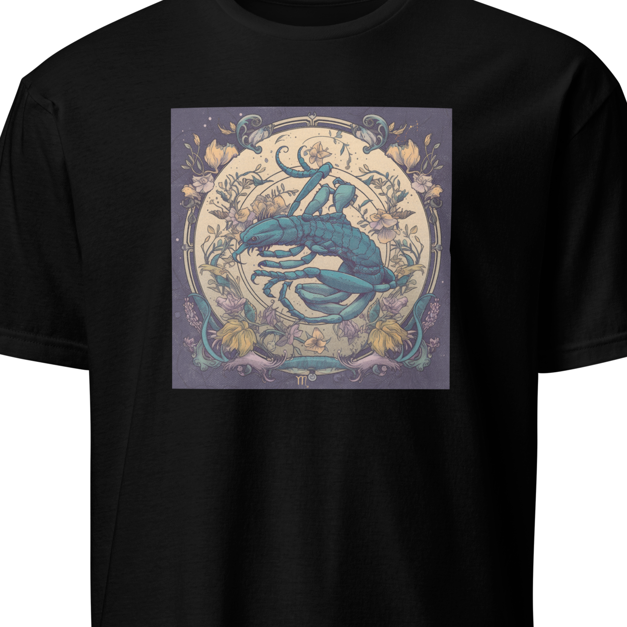 Black t-shirt with a graphic design of a scorpion 