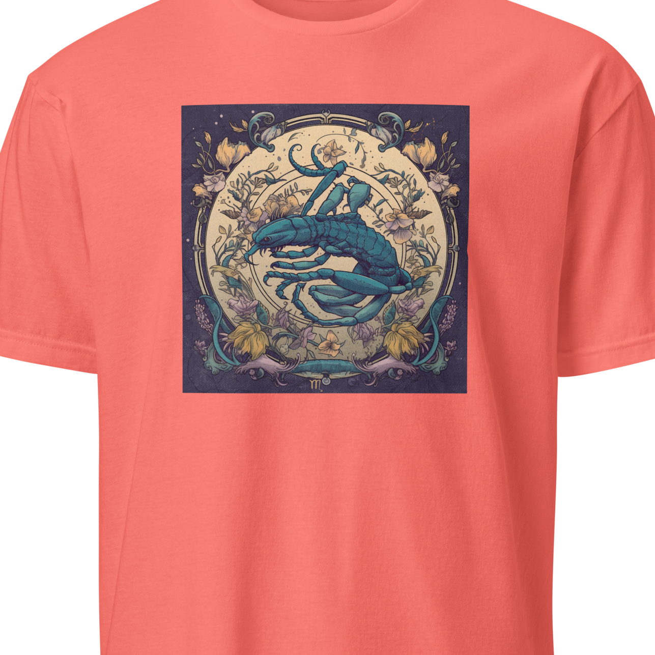 Coral t-shirt with a graphic design of a scorpion