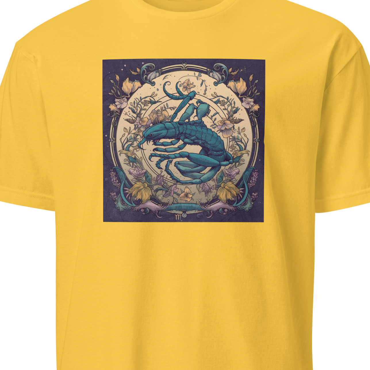 Yellow t-shirt with a graphic design of a scorpion