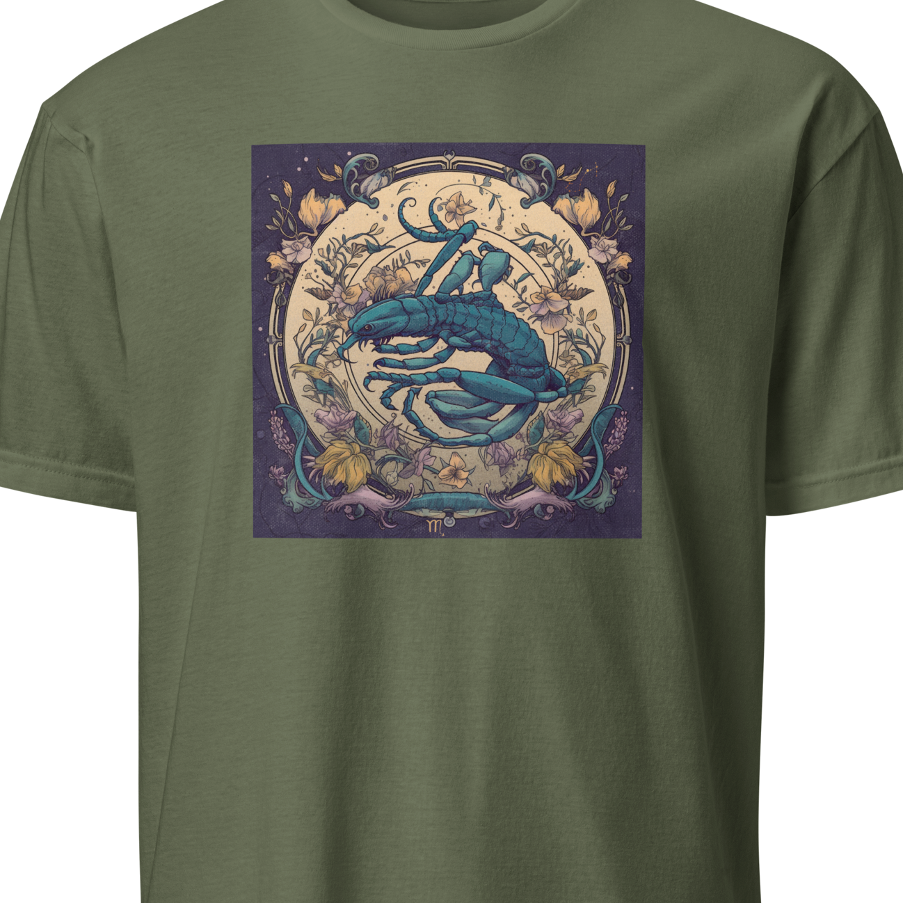 Green t-shirt with a graphic design of a scorpion