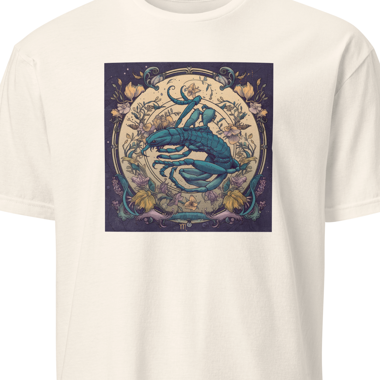 White t-shirt with a graphic design of a scorpion