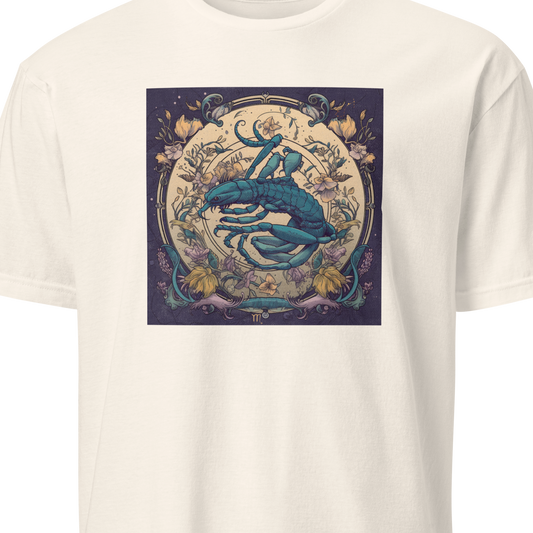 White t-shirt with a graphic design of a scorpion