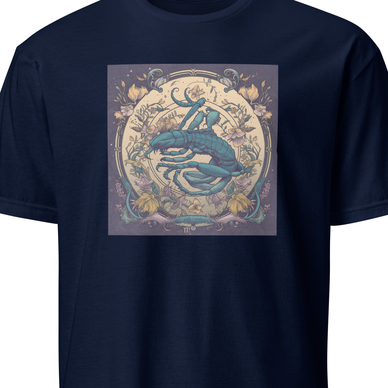 Navy blue t-shirt with a graphic design of a scorpion
