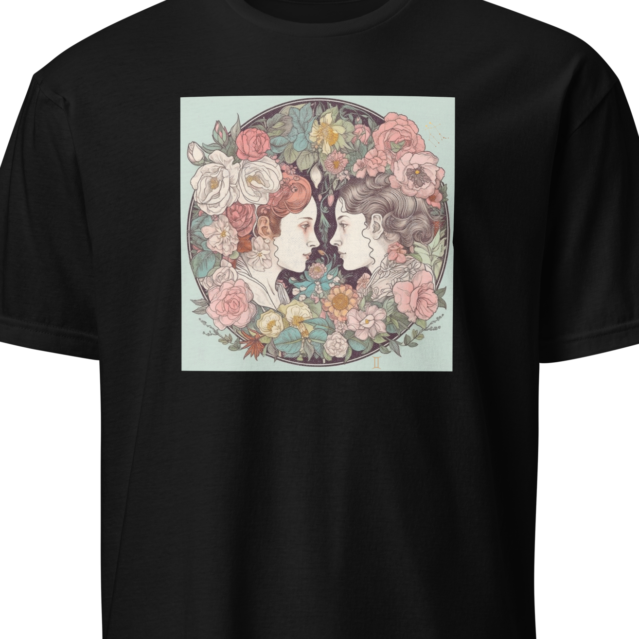 Black t-shirt with a floral design of two faces on a white background