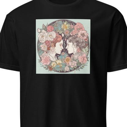 Black t-shirt with a floral design of two faces on a white background