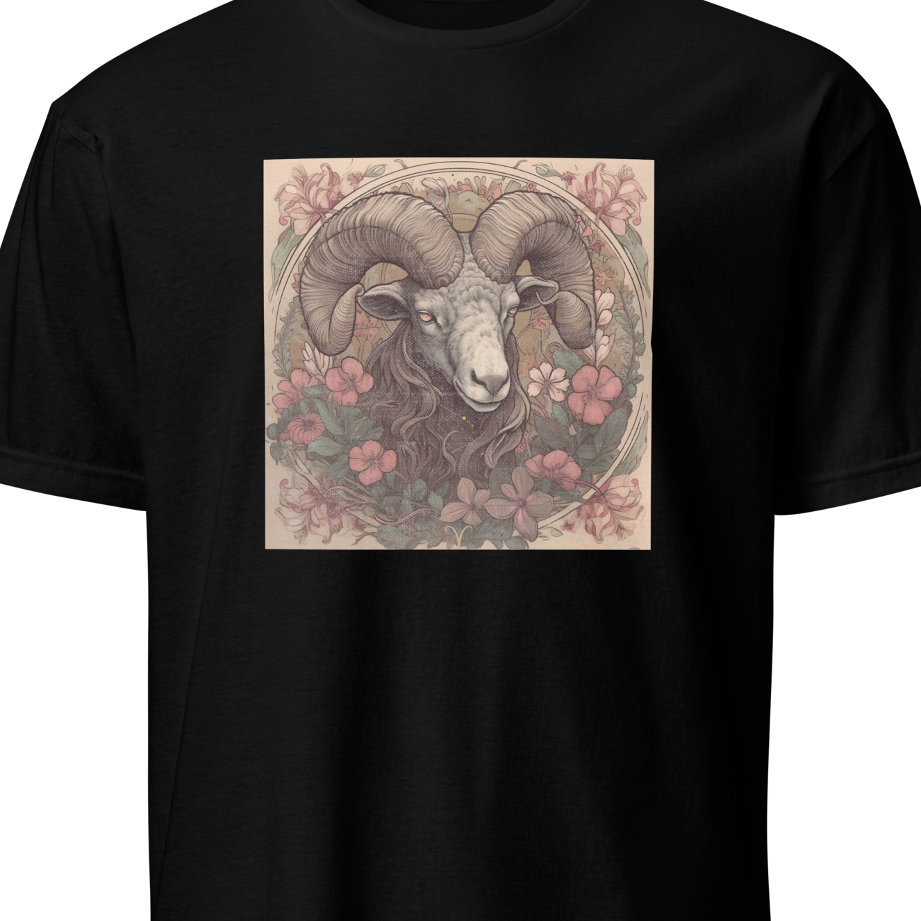 Black t-shirt with a graphic of a ram's head and floral design on a white background