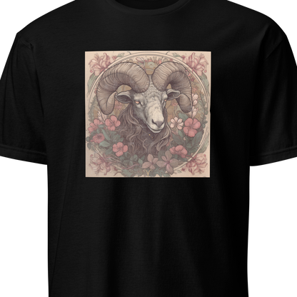 Black t-shirt with a graphic of a ram's head and floral design on a white background