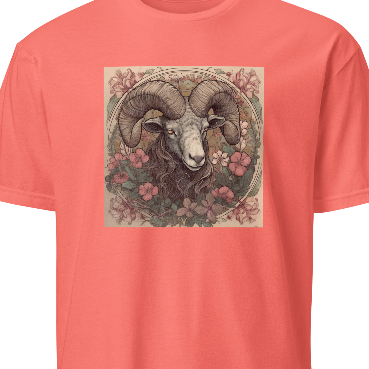Coral t-shirt with a graphic of a ram and flowers on a white background