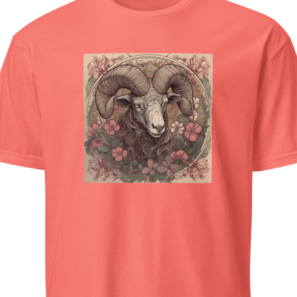 Coral t-shirt with a graphic of a ram and flowers on a white background