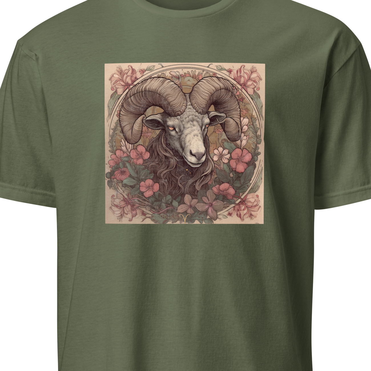 Green t-shirt with a graphic of a ram's head and floral design on a white background