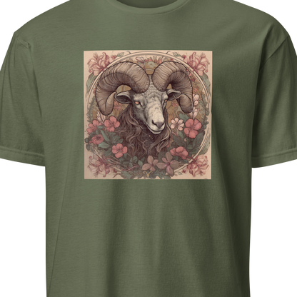 Green t-shirt with a graphic of a ram's head and floral design on a white background