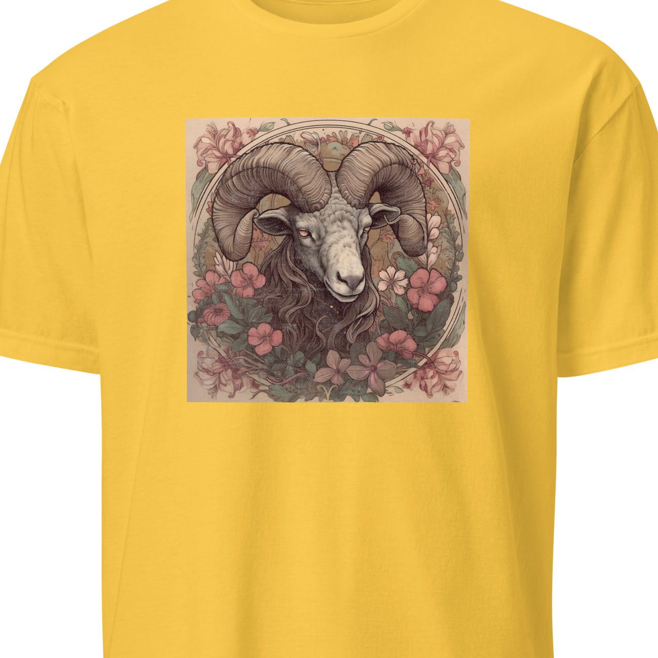Yellow t-shirt with a graphic of a ram's head and floral design on a white background