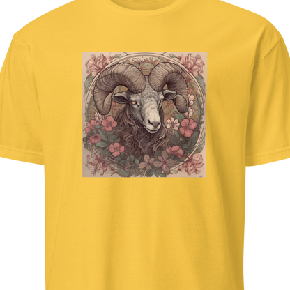 Yellow t-shirt with a graphic of a ram's head and floral design on a white background