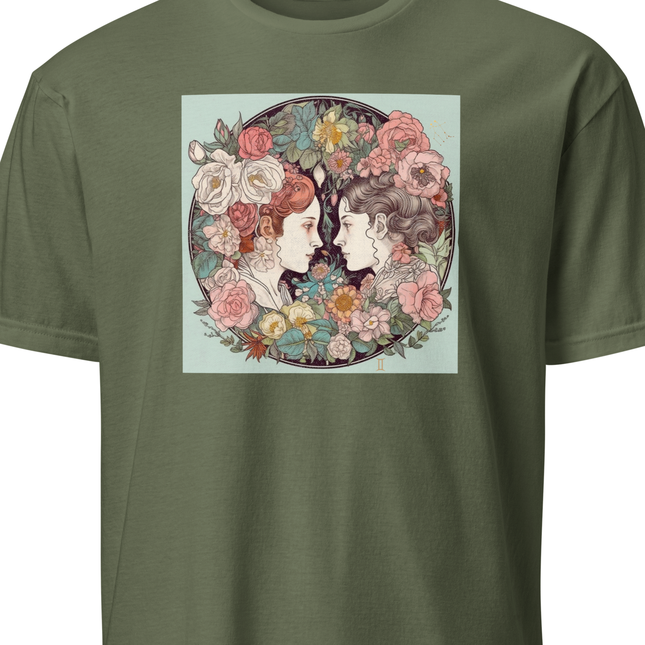 Green t-shirt with a graphic of two faces surrounded by flowers on a white background