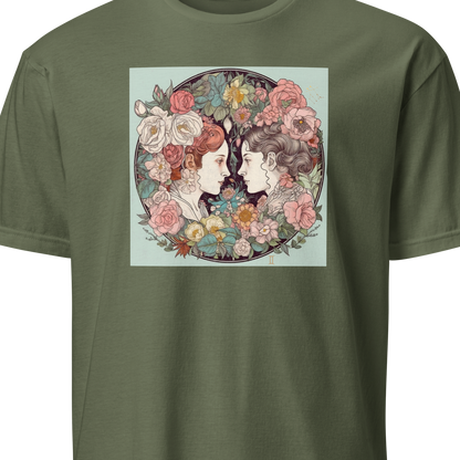 Green t-shirt with a graphic of two faces surrounded by flowers on a white background