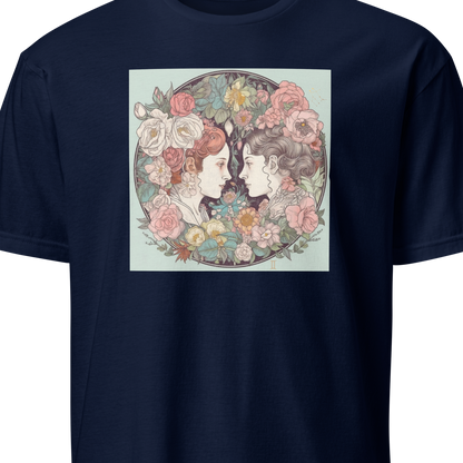 Navy blue t-shirt with a graphic of two women surrounded by flowers on a light blue background.