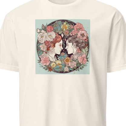 T-shirt with a graphic of two women's faces surrounded by flowers on a white background