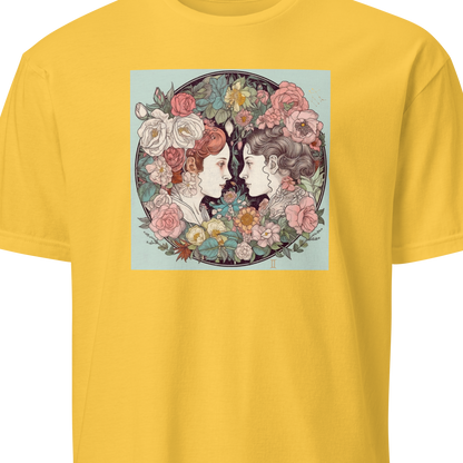 Yellow t-shirt with a graphic of two faces surrounded by flowers on a white background