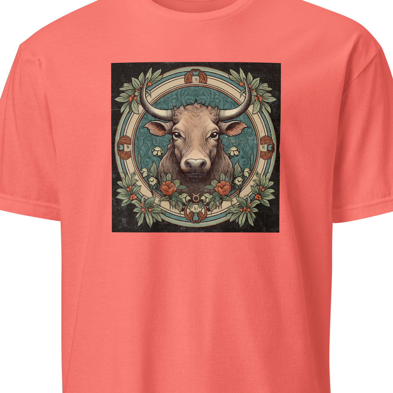 Coral t-shirt with a bull illustration in the center on a white background