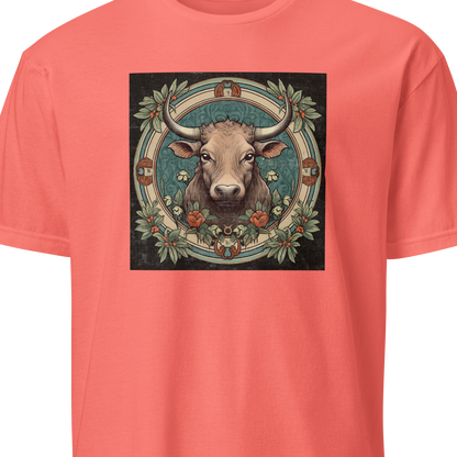 Coral t-shirt with a bull illustration in the center on a white background