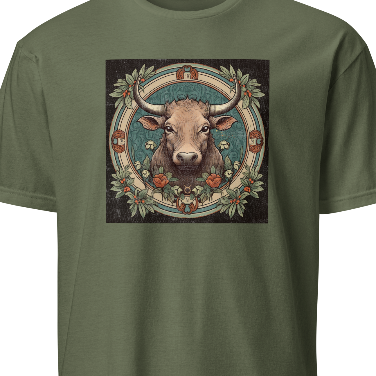Green t-shirt with a bull and floral design on a white background