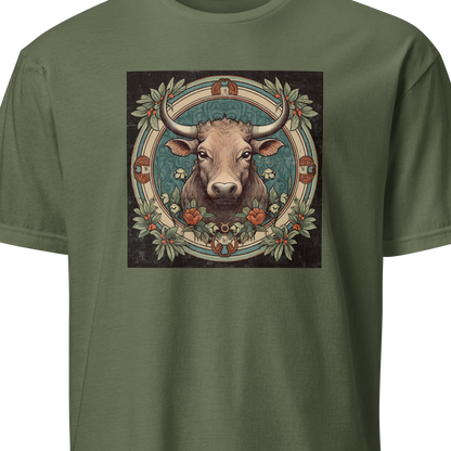 Green t-shirt with a bull and floral design on a white background
