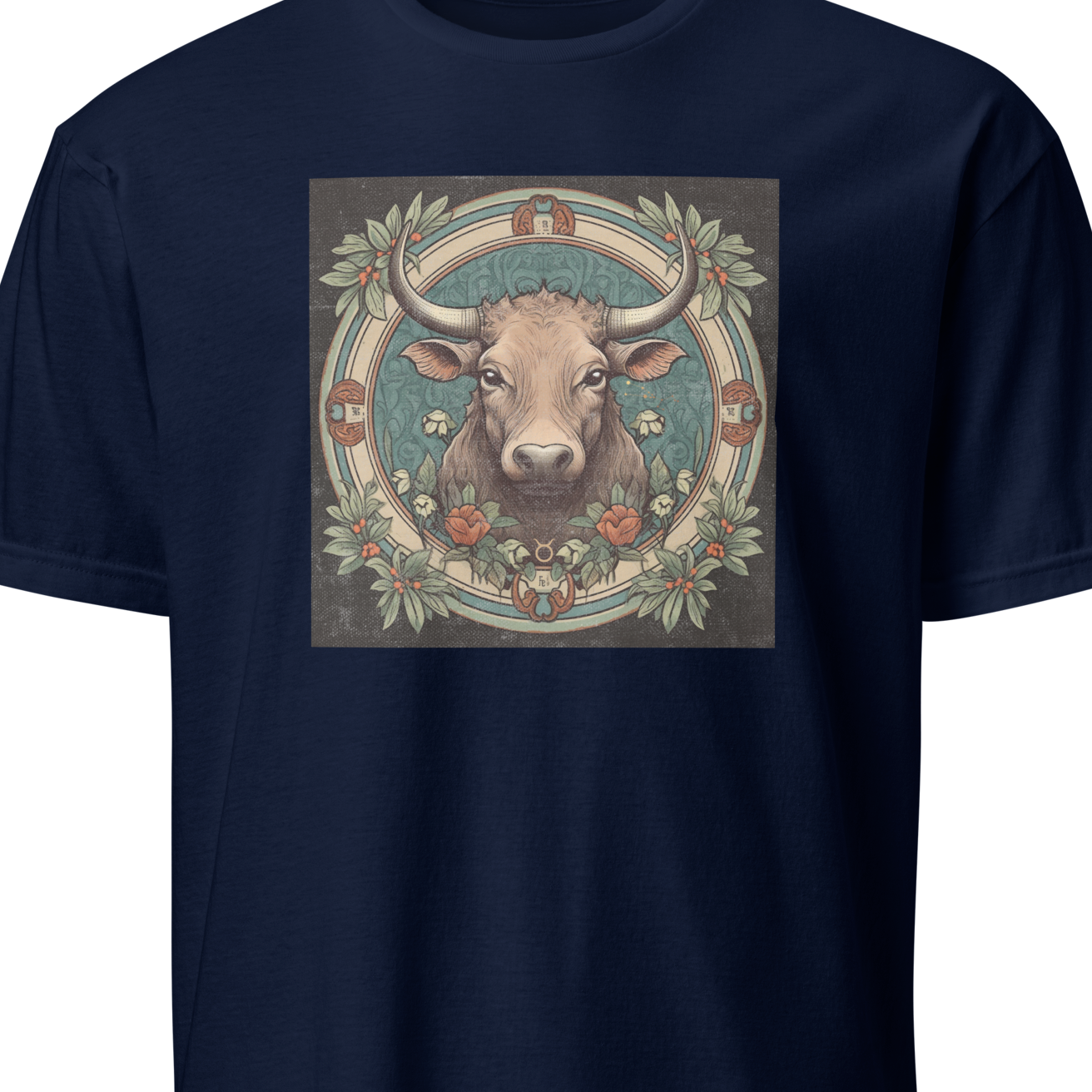 Navy blue t-shirt with a bull graphic on a white background