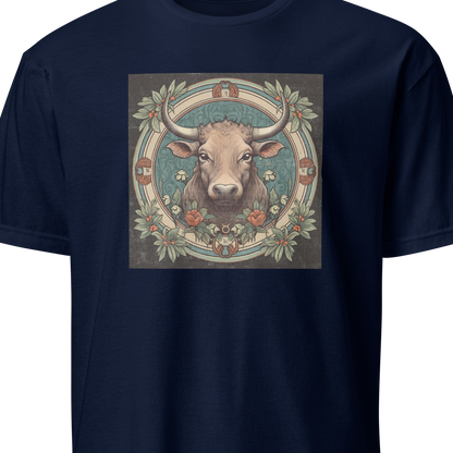 Navy blue t-shirt with a bull graphic on a white background