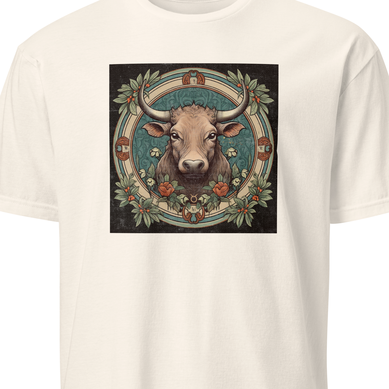 White t-shirt with a bull graphic design on a white background