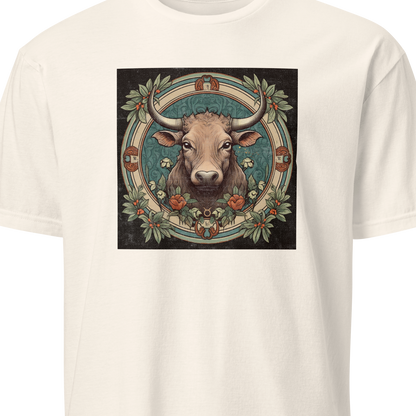 White t-shirt with a bull graphic design on a white background
