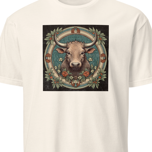 White t-shirt with a bull graphic design on a white background
