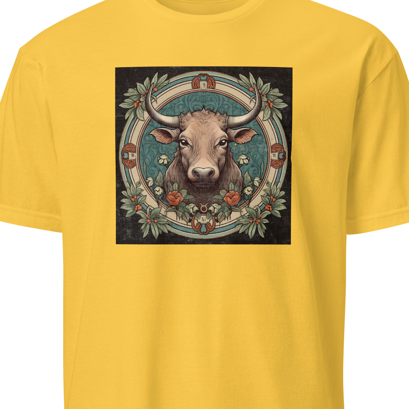 Yellow t-shirt with a bull graphic on a white background