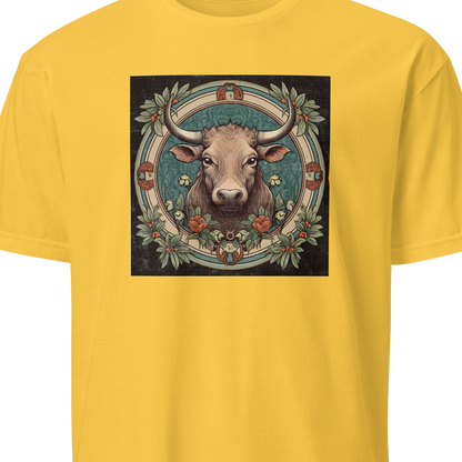 Yellow t-shirt with a bull graphic on a white background