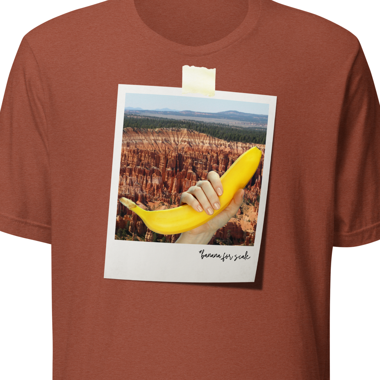 Brown t-shirt with a graphic of a hand holding a banana over a scenic landscape, on a white background.