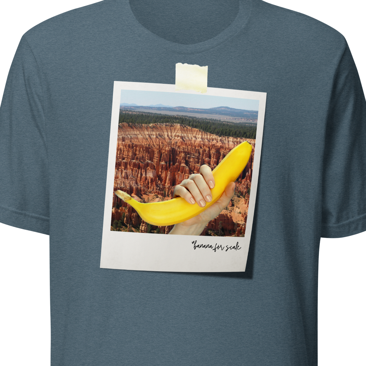 Blue t-shirt with a graphic of a hand holding a banana over a landscape, on a white background.