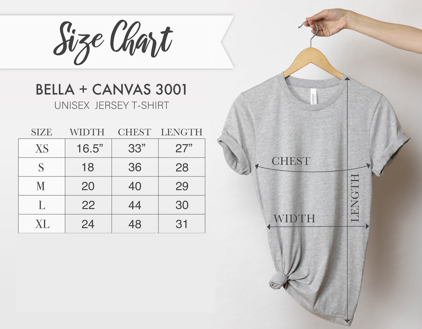 Gray t-shirt on a hanger with size chart for Bella + Canvas 3001 t-shirt