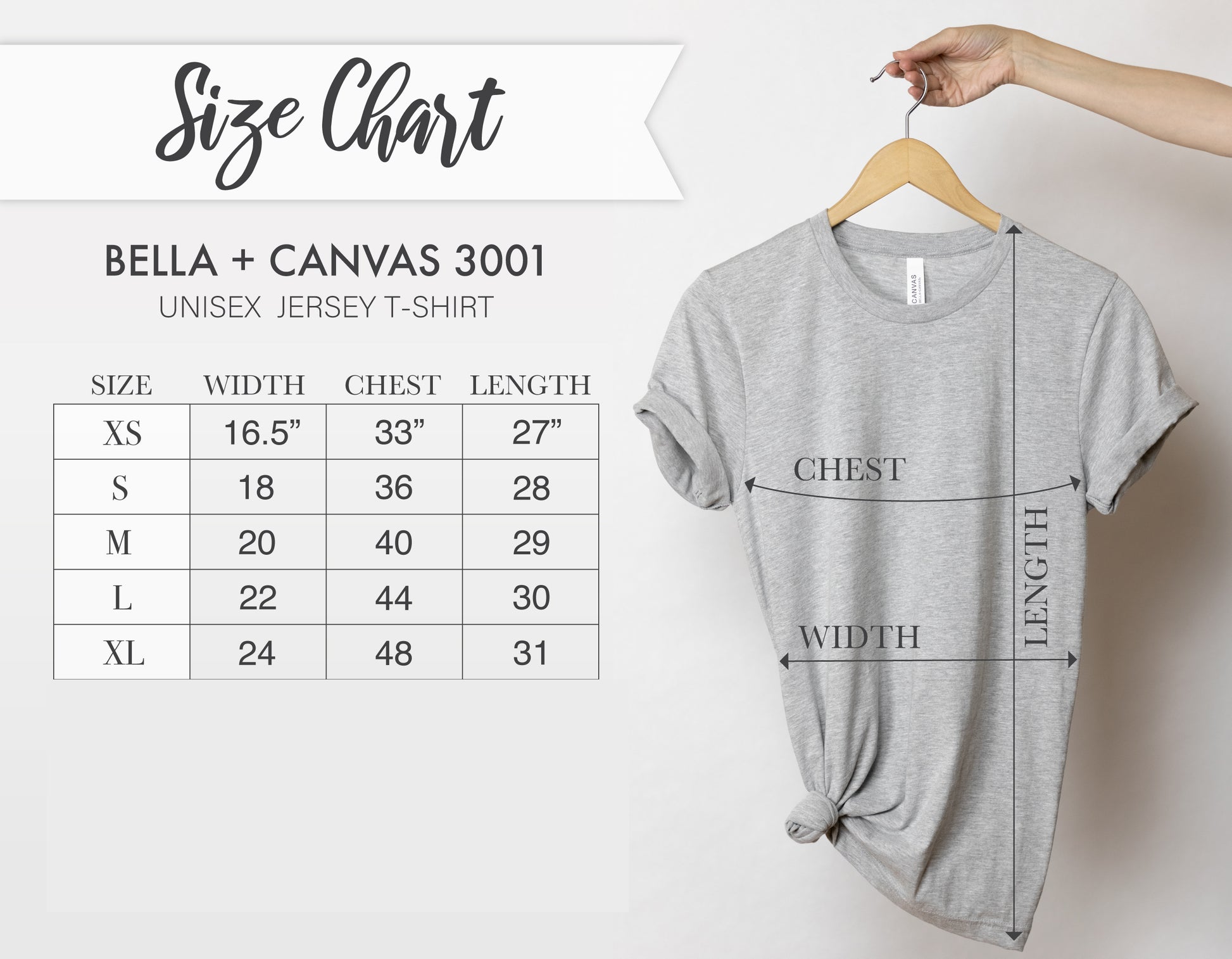 Gray t-shirt on a hanger with size chart for Bella + Canvas 3001 t-shirt