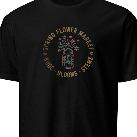 Black t-shirt with a spring flower  graphic design 