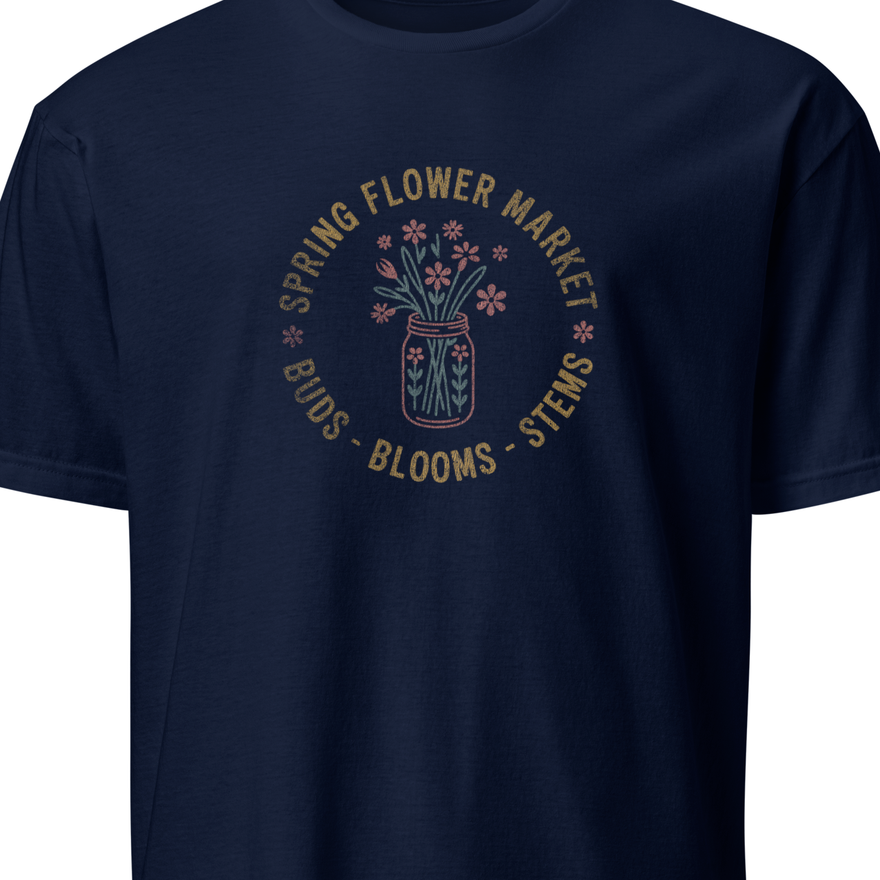 Navy blue t-shirt with a floral graphic and text 