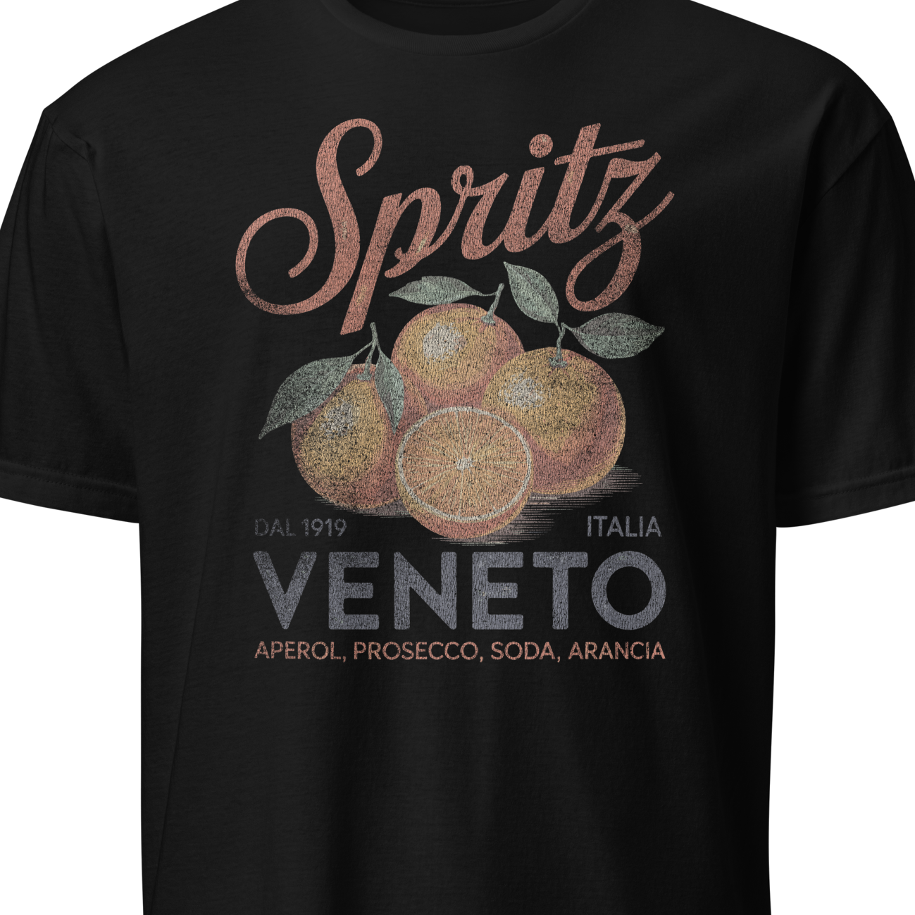 Black t-shirt with 'Spritz Veneto' graphic design featuring oranges