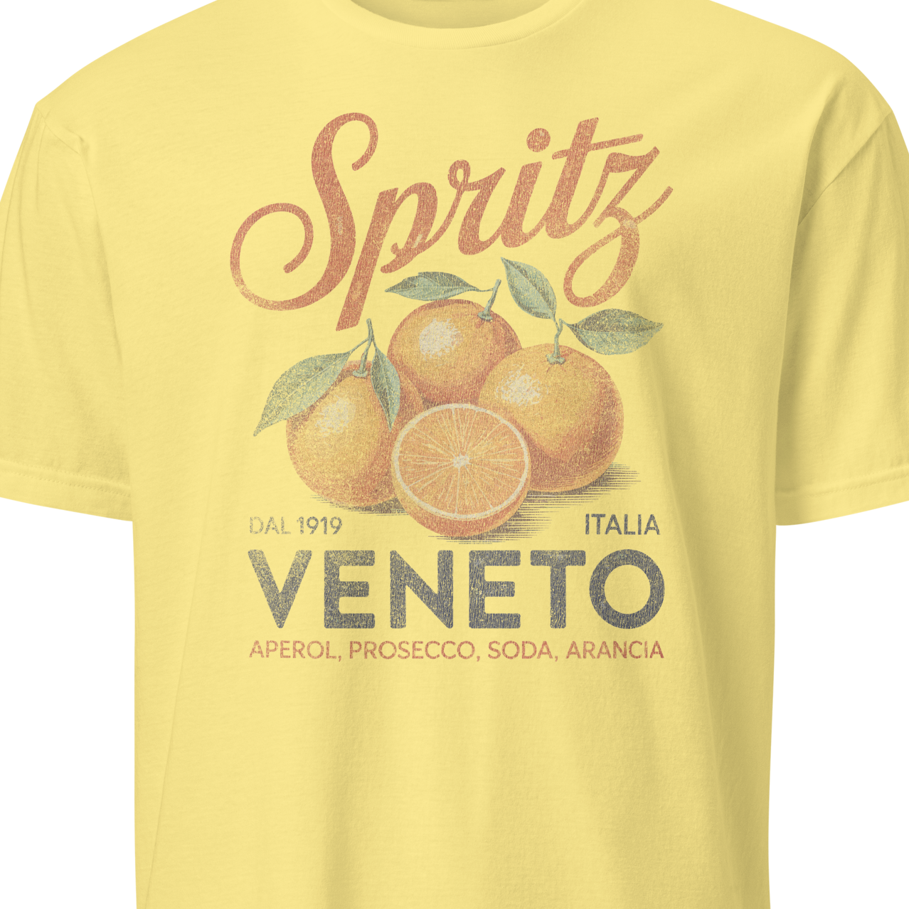 Yellow t-shirt with 'Spritz Veneto' graphic design 