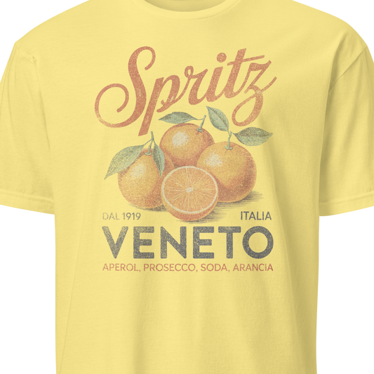 Yellow t-shirt with 'Spritz Veneto' graphic design 
