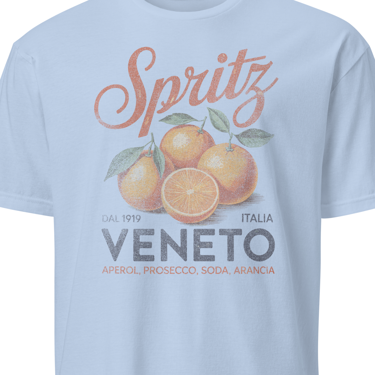 Light blue t-shirt with orange graphic and text 