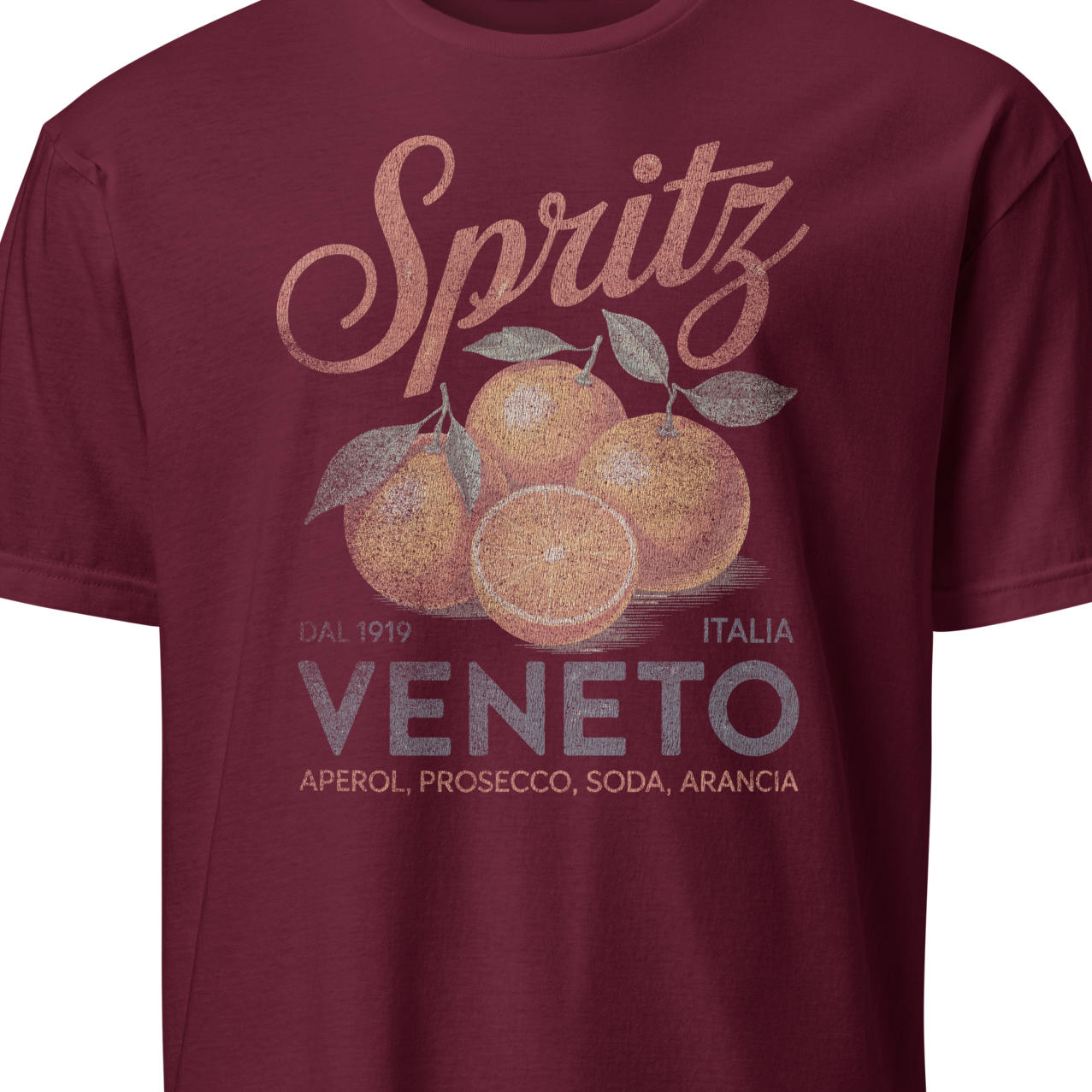 Maroon t-shirt with 'Spritz Veneto' graphic design