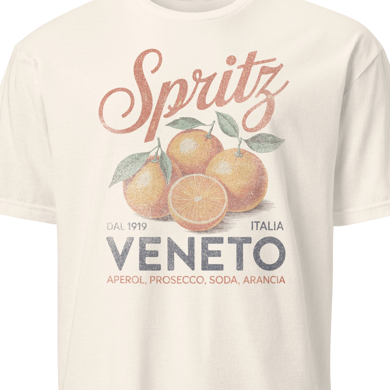 Beige t-shirt with 'Spritz Veneto' graphic design featuring oranges 