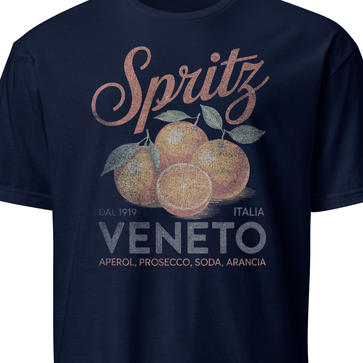 Navy blue t-shirt with 'Spritz Veneto' graphic design