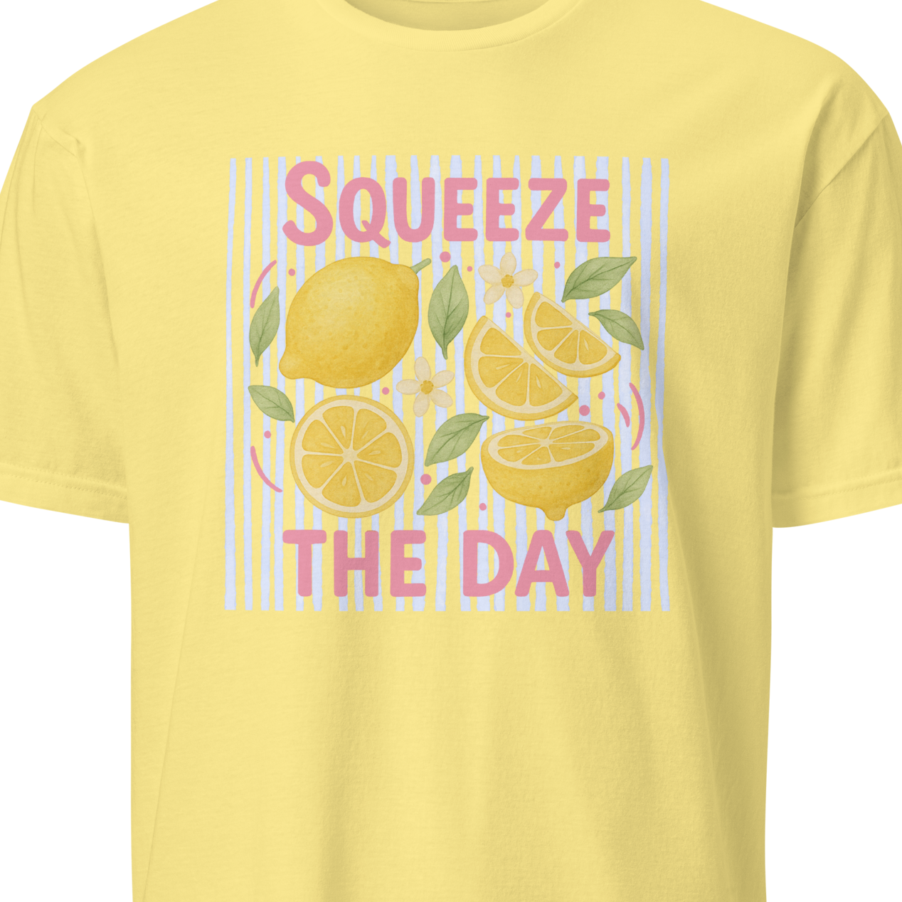 Yellow t-shirt with lemon graphic and text 'Squeeze the Day' 
