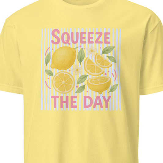 Yellow t-shirt with lemon graphic and text 'Squeeze the Day' 